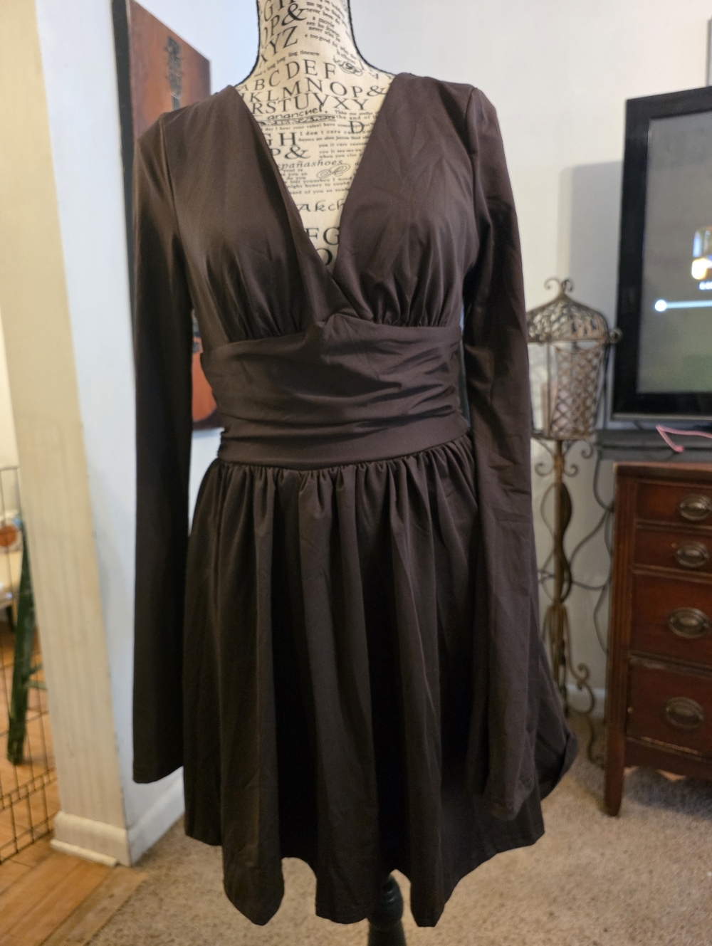 Deep Brown V-Neck Long Sleeve A-Line Dress